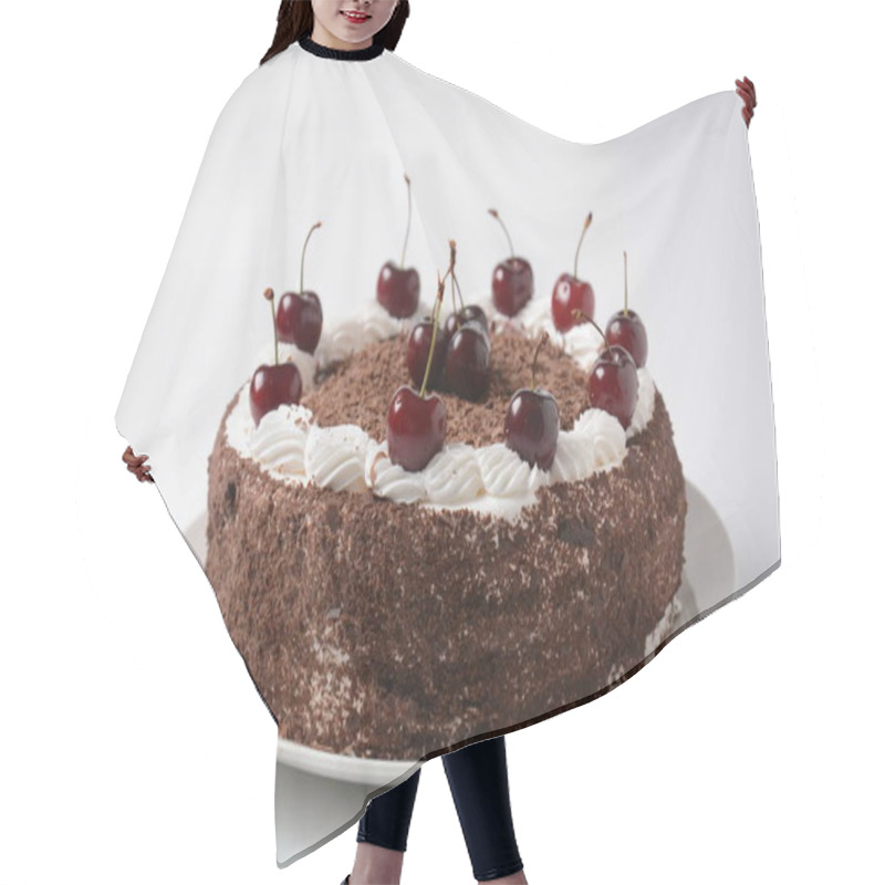 Personality  Black Forest Cake, Schwarzwald Pie, Dark Chocolate And Cherry Dessert On A White Background. Black Forest Cake Decorated With Whipped Cream And Cherries. Hair Cutting Cape