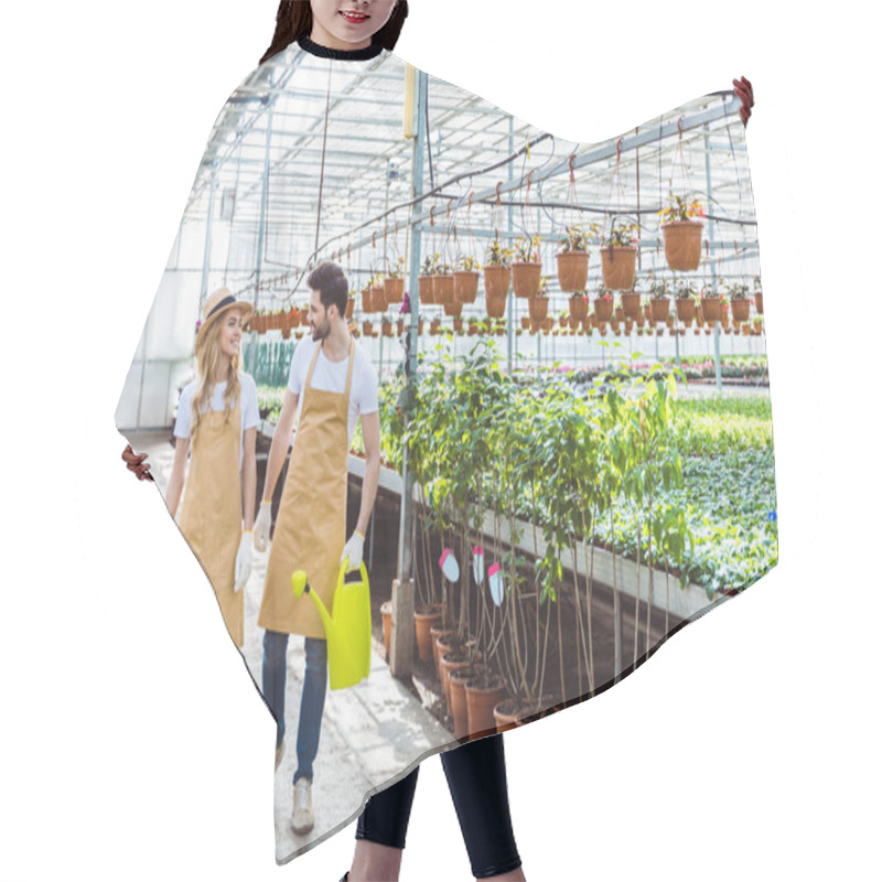 Personality  Woman With Rake And Man With Watering Can Walking Among Plants In Glasshouse Hair Cutting Cape