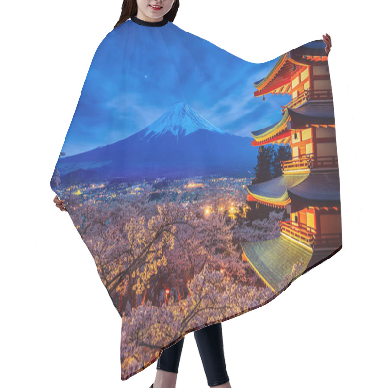 Personality  Night Sky Mt. Fuji And Temple Red Pagoda In Fujiyoshida With Che Hair Cutting Cape