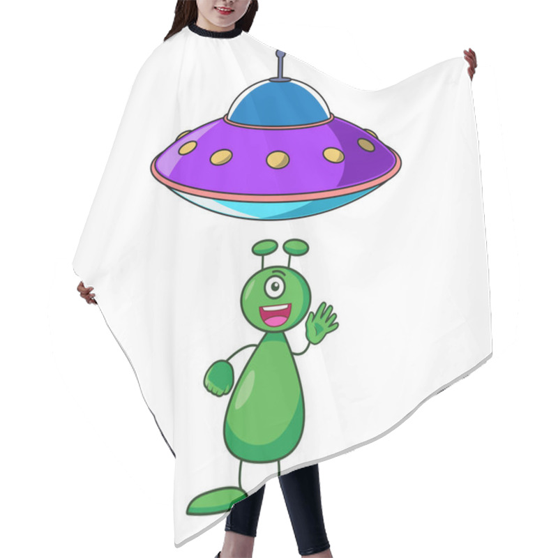 Personality  Aliens And Their Ufo Cartoon, Digital Art Illustration. Hair Cutting Cape