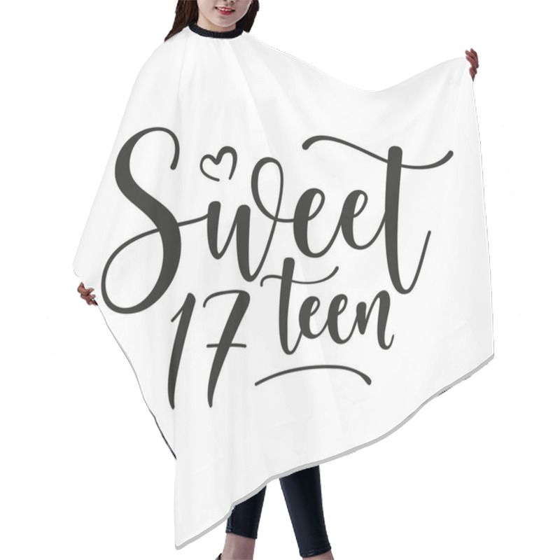 Personality  Sweet 17teen. Happy Birthday Lettering Sign. Design Elements For Postcard, Poster, Graphic, Flyer. Simple Vector Brush Calligraphy. Stock Illustration Isolated On White Background. Hair Cutting Cape