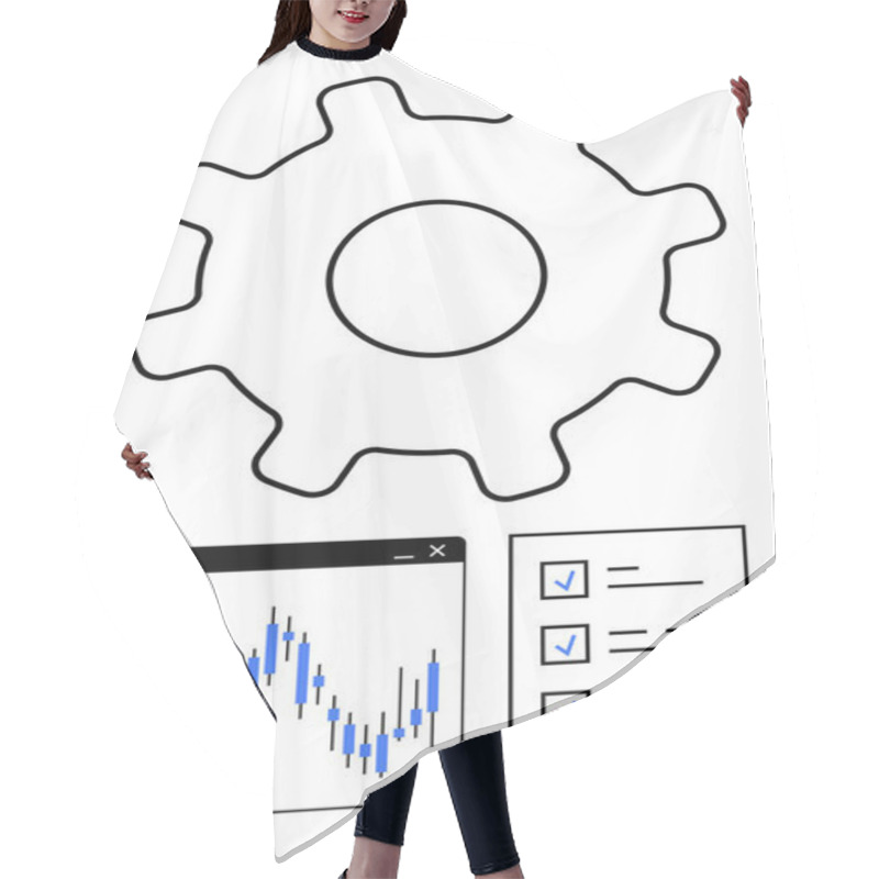 Personality  Gear Icon, Financial Chart With Trends, And Checklist With Blue Checkmarks. Ideal For Business Strategy, Process Improvement, Financial Planning, Productivity Tools, Workflow Management, Data Hair Cutting Cape