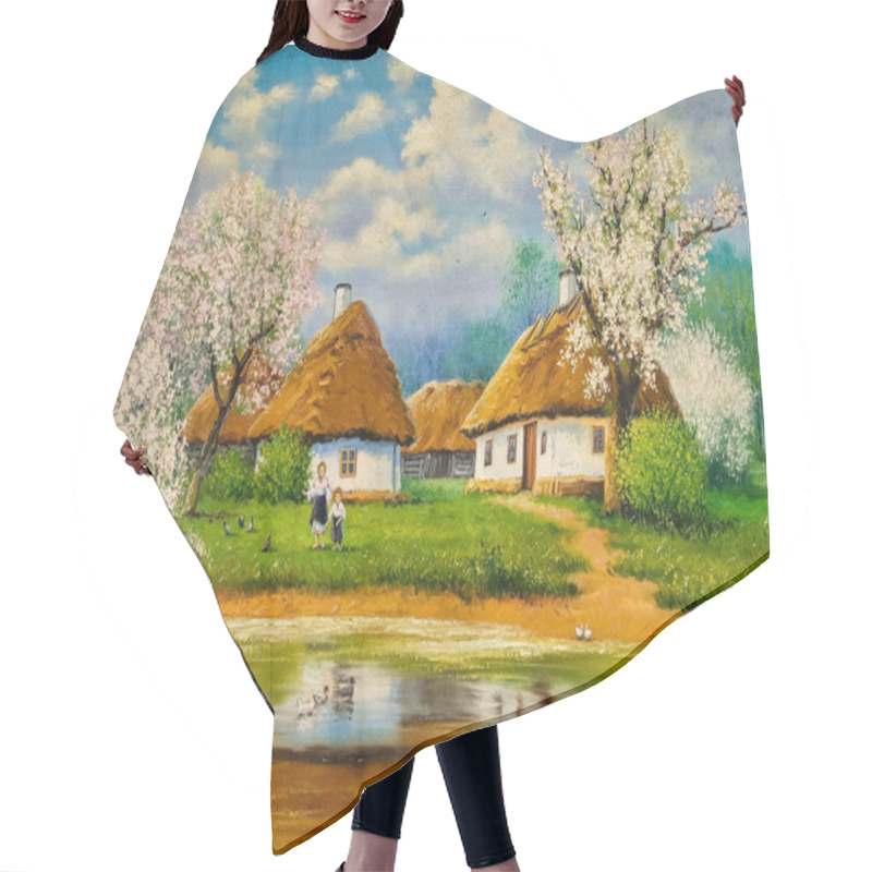 Personality  Spring Rural Landscape With A Blooming Garden Near Old Retro Houses With Thatched Roofs, A Pond With Ducks. Rustical Landscape, Oil Paintings Rural Landscape, Fine Art, Artwork, In The Old Village. Hair Cutting Cape