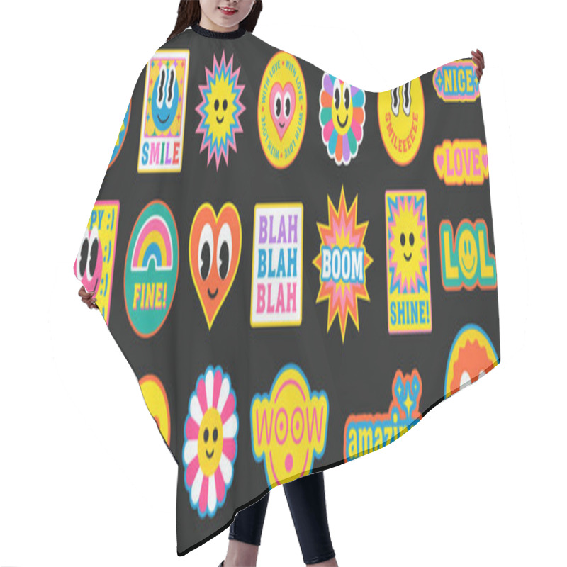 Personality  Cool Trendy Retro Smile Positive Stickers Set. Collection Of Various Patches With Emoticons And Phrases. Hair Cutting Cape