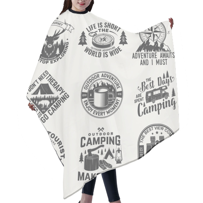 Personality  Set Of Camping Badges, Patches. Vector. Concept For Shirt Or Logo, Print, Stamp Or Tee. Vintage Design With Camping Equipment, Forest, Backpack, Mug, Compass, Camper Rv And Mountain Silhouette. Hair Cutting Cape