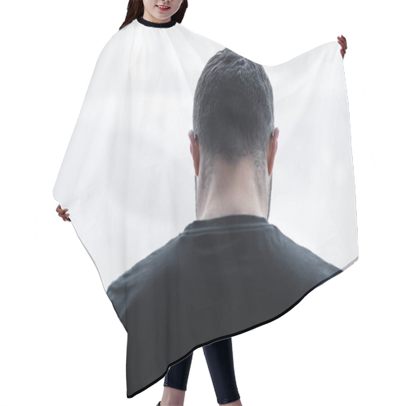 Personality  Back View Of Lonely Short Haired Man Standing By Window At Home Hair Cutting Cape