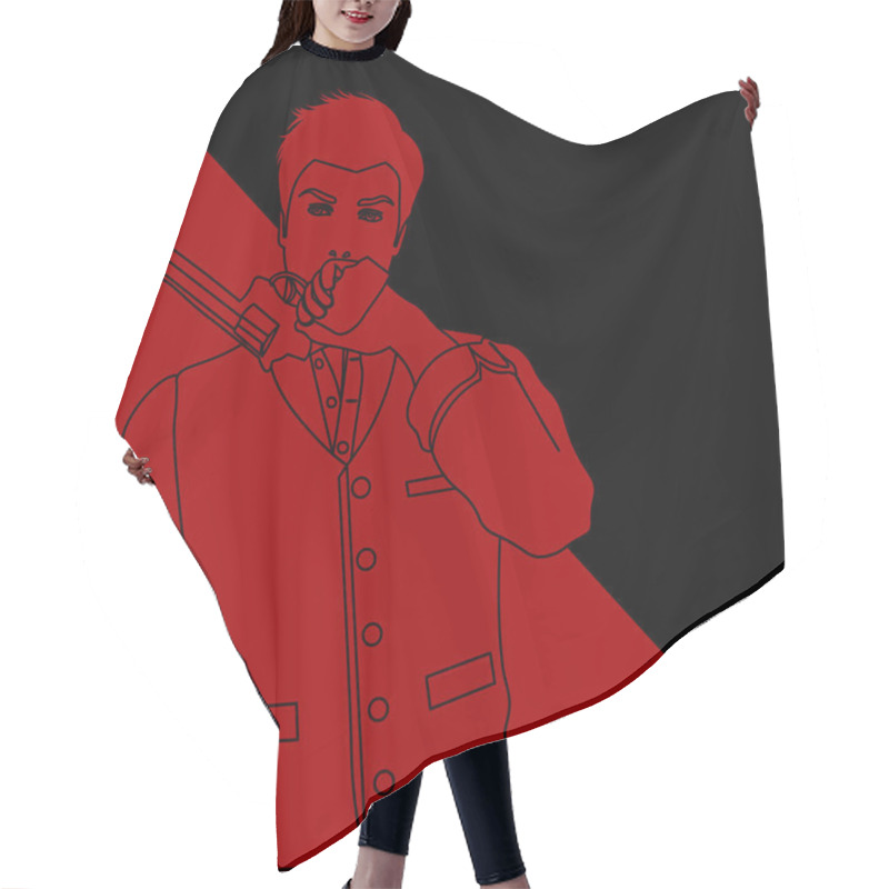 Personality  Black And Red Contour Drawing Of Old-fashioned Man Holding A Revolver Hair Cutting Cape