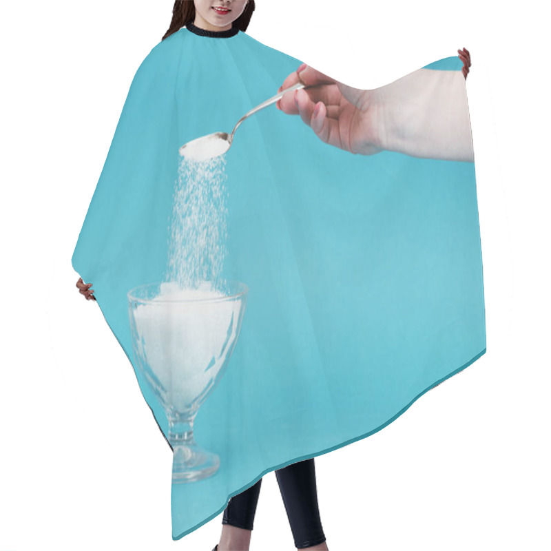 Personality  Partial View Of Woman Adding Granulated Sugar Into Glass Bowl On Blue Background Hair Cutting Cape