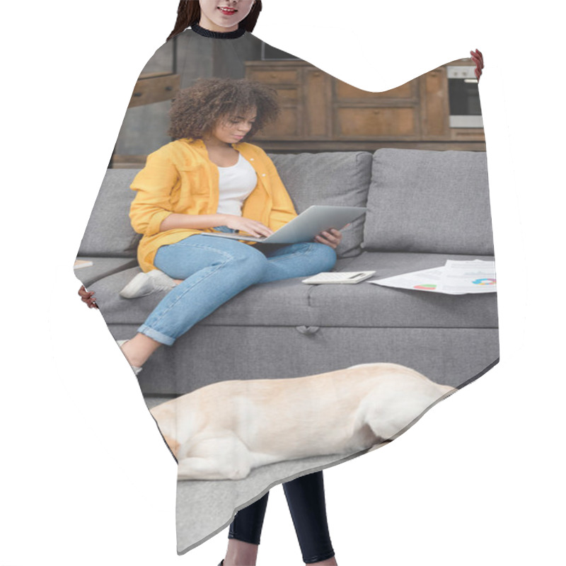 Personality  Beautiful Young Woman Working At Home While Her Dog Lying On Floor Hair Cutting Cape