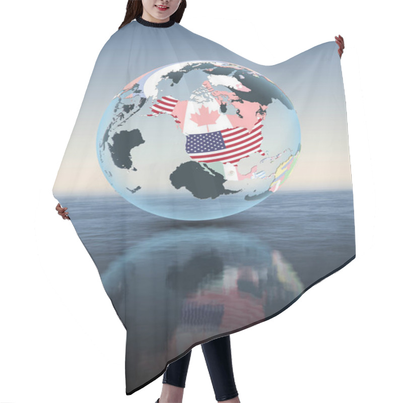 Personality  USA On Political Globe Floating Above Water. 3D Illustration. Hair Cutting Cape