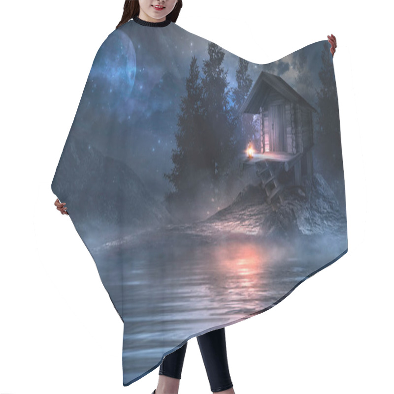 Personality  Night Fantasy Landscape With Abstract Mountains And Island On The Water, Wooden House On The Shore, Moonlight, Fog, Night Lamp. 3D  Hair Cutting Cape