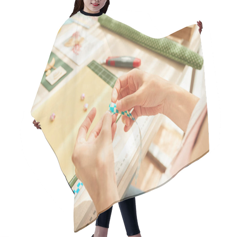 Personality  Woman Making Greeting Card, Decor Items And Tools Lying On Table Hair Cutting Cape