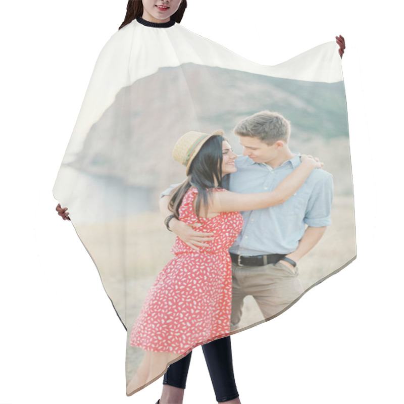 Personality  Young Stylish Couple In Love Walking In Mountains By The Sea. Vine Sunset Summer Mood Hair Cutting Cape