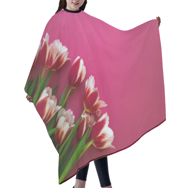 Personality  A Bouquet Of Fresh Tulips Lying On A Vivid Red Background. Mother Day And International Women Day Hair Cutting Cape