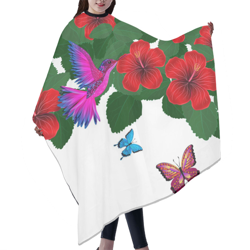 Personality  Floral Design Background. Hibiscus Flowers With Bird, Butterflie Hair Cutting Cape