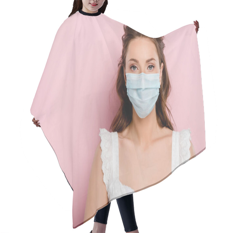 Personality  Young Woman In Medical Mask Standing On Pink Hair Cutting Cape