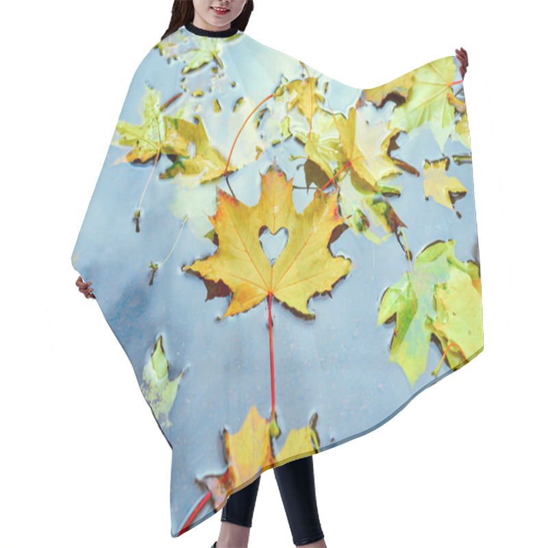 Personality  Autumn Yellow Maple Leaf With Cut Out Heart Floating In A Puddle Amongst The Leaves Hair Cutting Cape