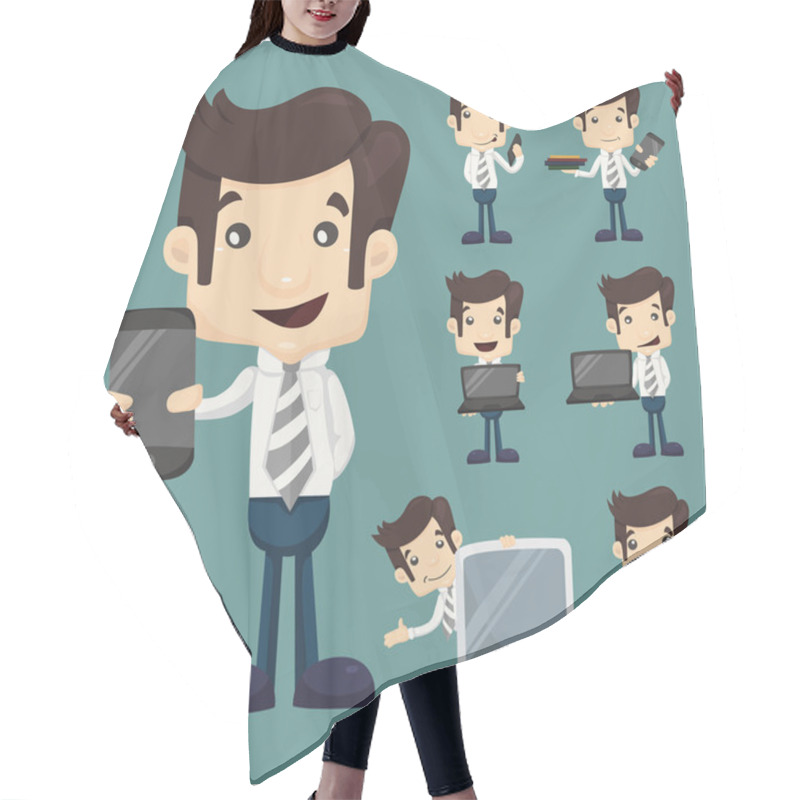 Personality  Set Of Businessman Show Tablet And Smart Phone Characters Poses Hair Cutting Cape