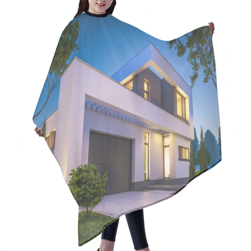 Personality  3d Rendering Of Modern House At Night Hair Cutting Cape