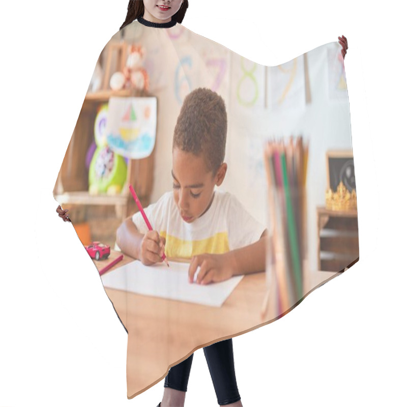 Personality  Beautiful African American Toddler Sitting Drawing Using Paper And Pencils On Desk At Kindergarten Hair Cutting Cape