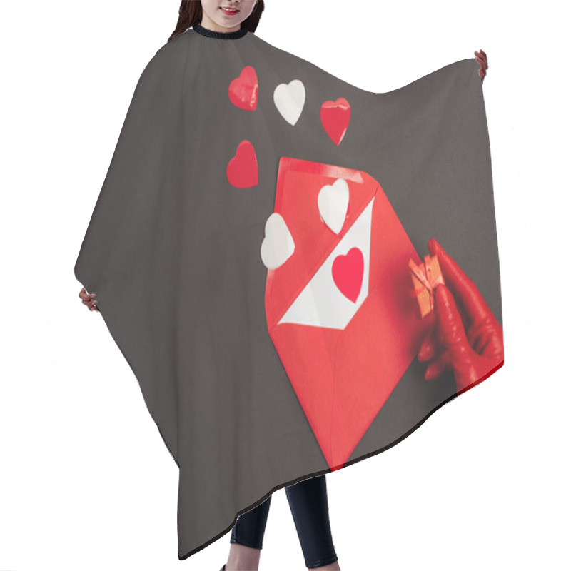 Personality  Cropped View Of Person In Red Glove Holding Tiny Gift Box Near Envelope With Love Letter And Paper Cut Hearts On Black  Hair Cutting Cape