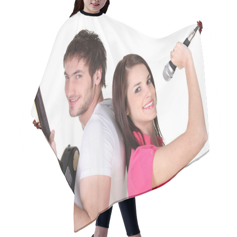 Personality  Young Couple In A Band Hair Cutting Cape