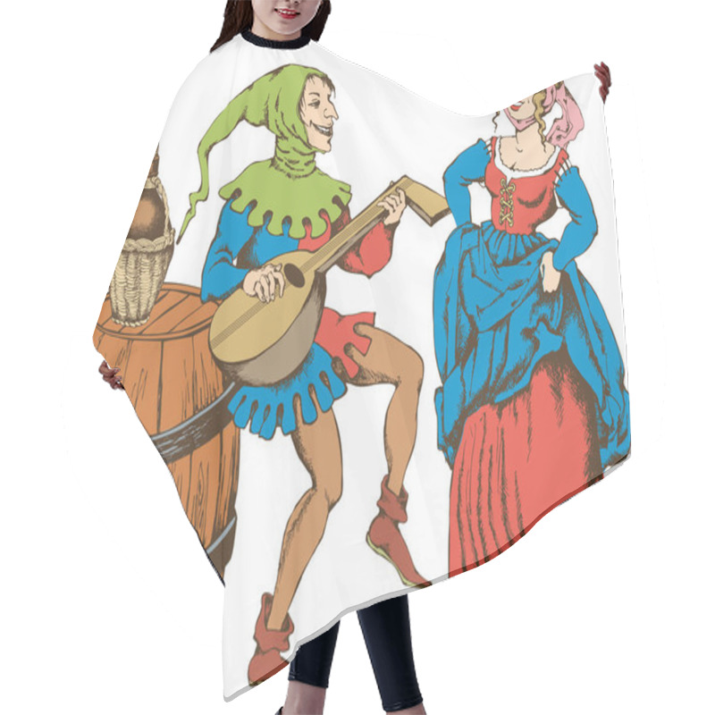 Personality  Medieval Juggler And Pretty Girl. Engraved Style. Vector Illustration Hair Cutting Cape