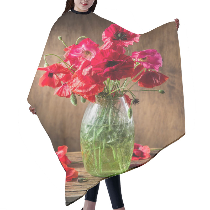 Personality  Bouquet Of Poppy Flowers In The Vase On The Wooden Table. Hair Cutting Cape