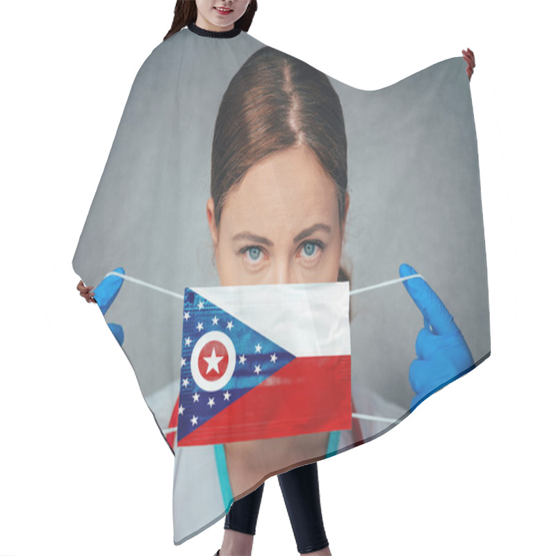 Personality  Coronavirus In U.S. State Ohio, Female Doctor Portrait, Protect Face Surgical Medical Mask With Ohio Flag. Illness, Virus Covid-19 In Ohio Hair Cutting Cape