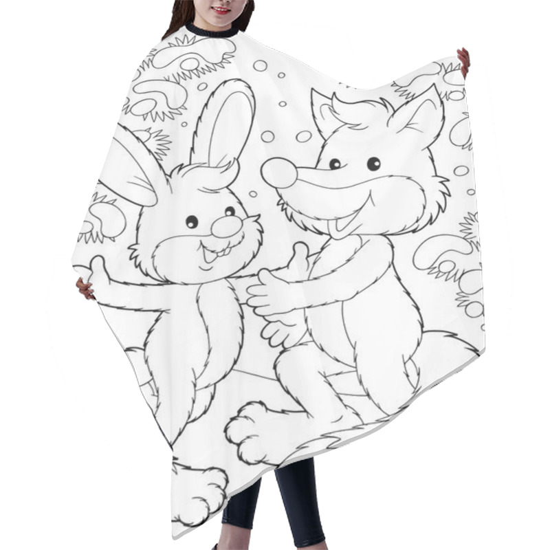 Personality  Rabbit And Fox Dancing In The Snow. Hair Cutting Cape