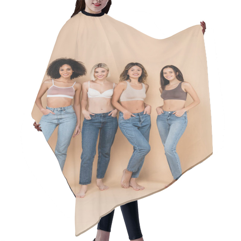 Personality  Full Length View Of Sexy Interracial Women Posing In Jeans And Bras On Beige Hair Cutting Cape