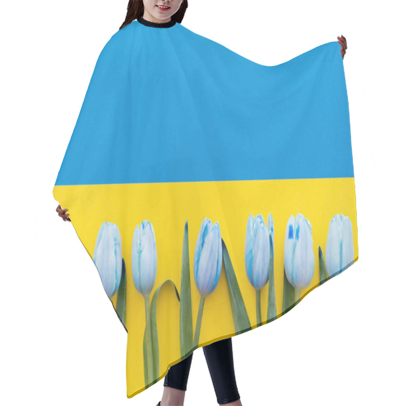 Personality  Top View Of Blue Tulips On Ukrainian Flag Hair Cutting Cape