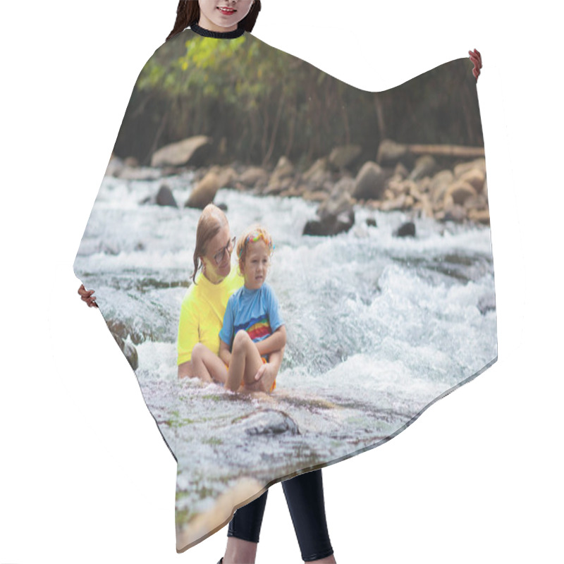 Personality  Mother And Child Swimming In Mountain River. Hair Cutting Cape