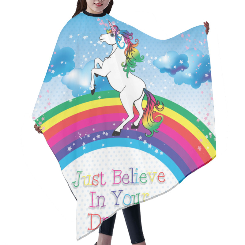 Personality  Motivation Card. Unicorn With A Rainbow Hair Cutting Cape