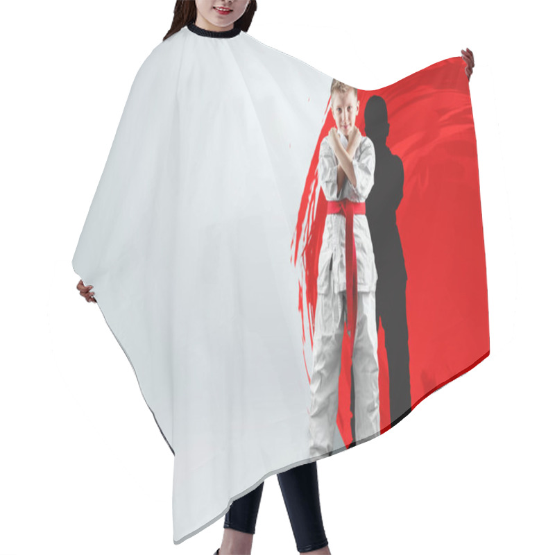 Personality  A Boy In A White Kimono With A Red Belt Against The Background Of A Red Circle, The Sun. Karate Concept, Goal, Training, Achievement Hair Cutting Cape