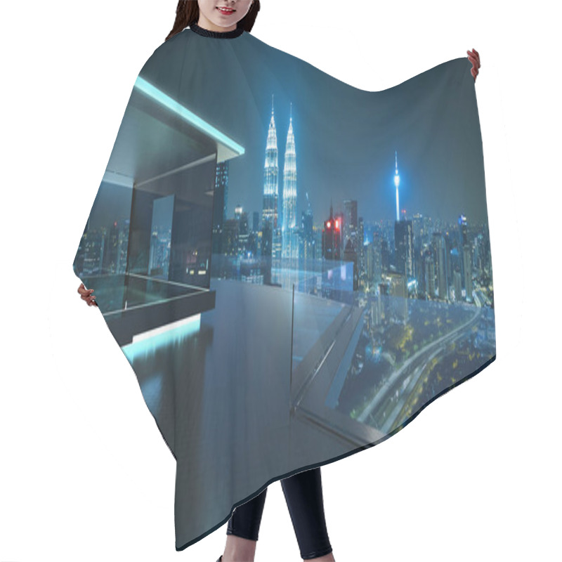 Personality  3D Rendering Of A Modern Glass Balcony With Kuala Lumpur City Skyline Real Photography Background, Night Scene .Mixed Media . Hair Cutting Cape