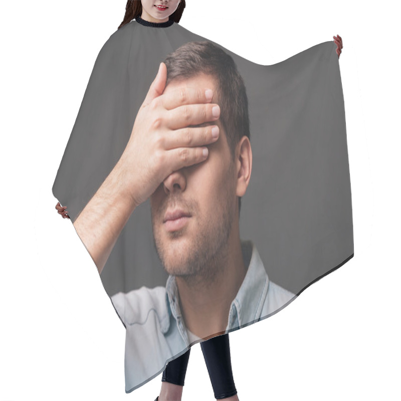 Personality   Man Covering Eyes With Hand Hair Cutting Cape