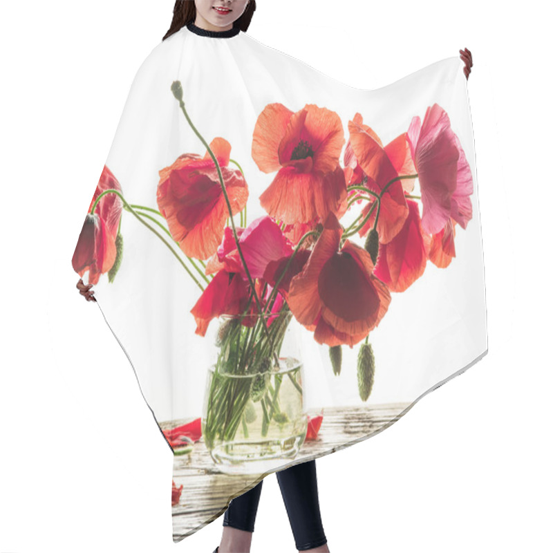 Personality  Bouquet Of Poppy Flowers In The Vase On The Wooden Table. Hair Cutting Cape