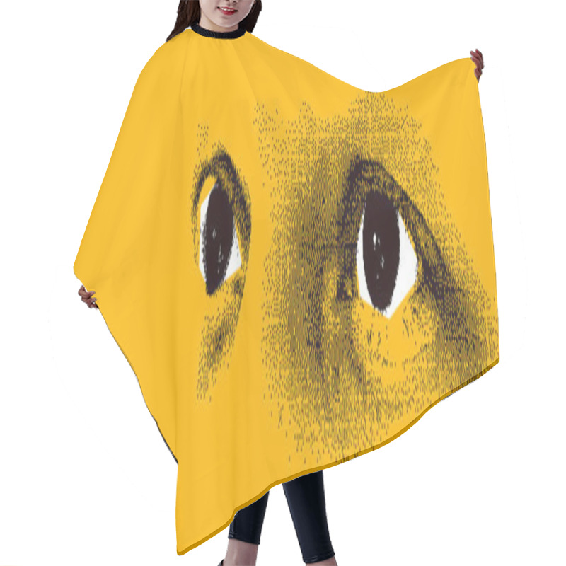 Personality  Looking Eyes 8 Bit Dotted Design Style Vector Abstraction, Human Face Stylized Design Element, Black And Yellow Colors. Hair Cutting Cape