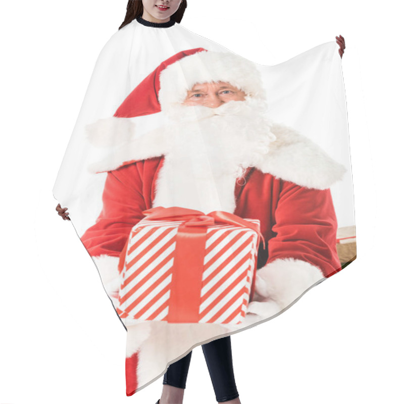 Personality  Santa Claus Holding Striped Gift Box And Looking At Camera Isolated On White Hair Cutting Cape