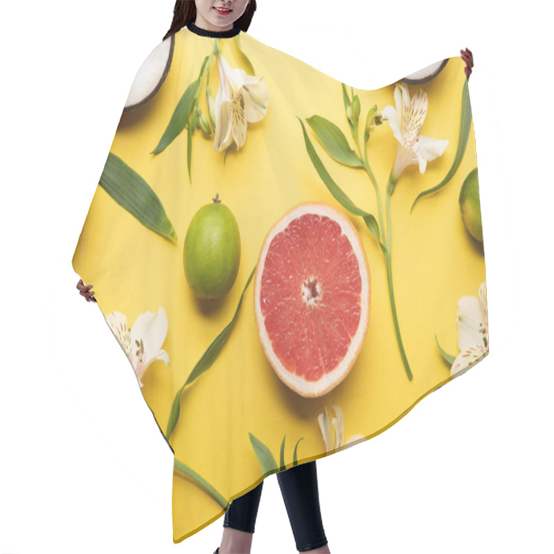 Personality  Top View Of Ripe Organic Tropical Fruits On Yellow Background With Alstroemeria Flowers Hair Cutting Cape