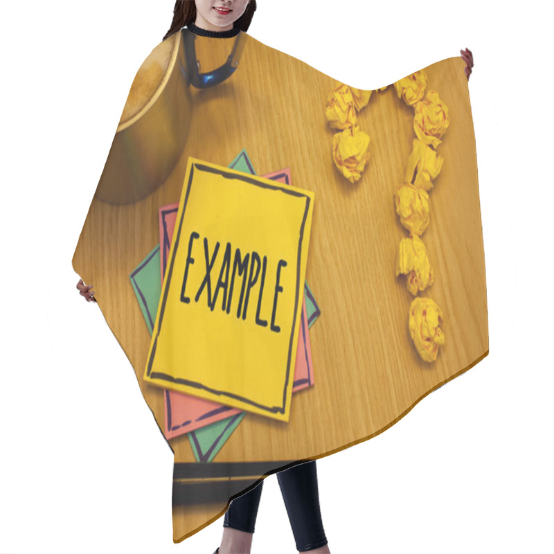 Personality  Writing Note Showing  Example. Business Photo Showcasing Illustration Sample Model To Follow Guide Explanation For Instance Message Wood Table Coffee Cup Question Mark Crumpled Papers Hair Cutting Cape