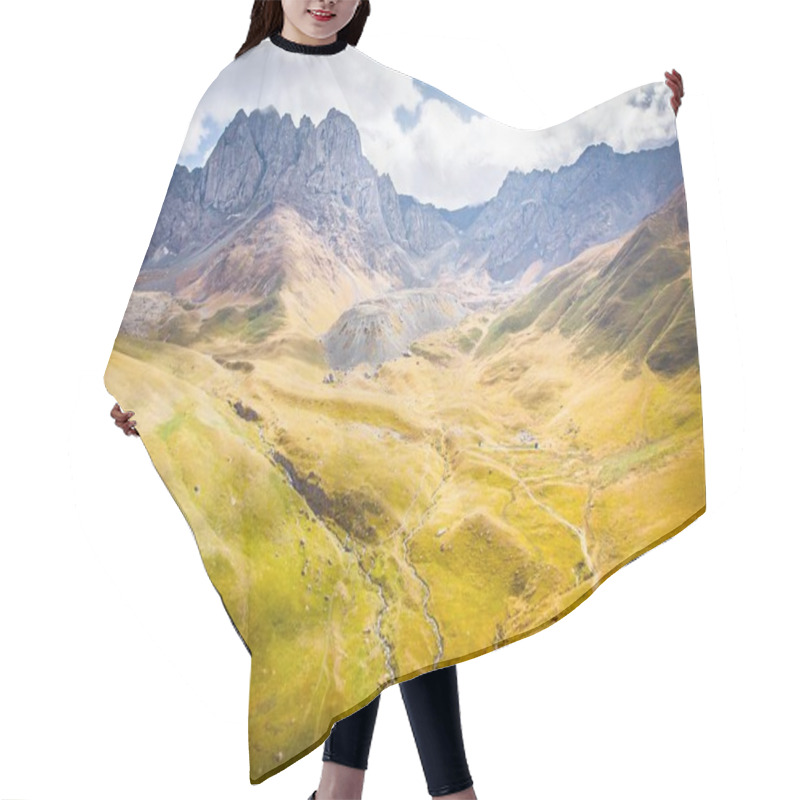 Personality  Dramatic Aerial View To Juta Valley With Cloudy Sky And Caucasian Mountains Background Hair Cutting Cape