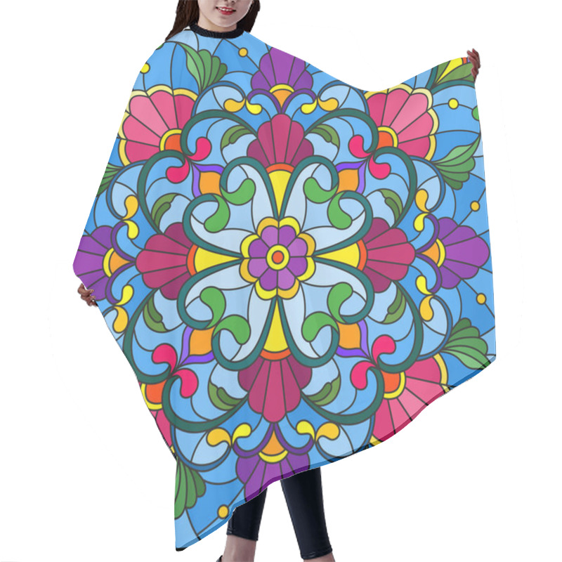 Personality  Illustration In Stained Glass Style With Abstract Floral Ornaments, Flowers, Leaves And Curls On Blue Background, Square Image Hair Cutting Cape