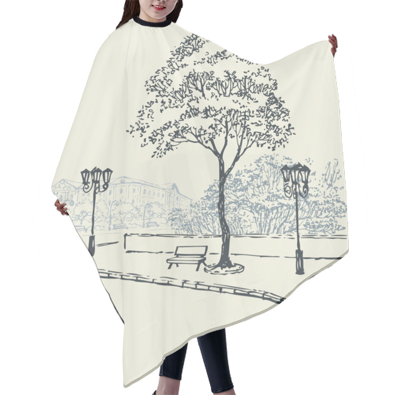 Personality  Vector Cityscape. Bench Under A Tree And Lights Outside The Park Hair Cutting Cape