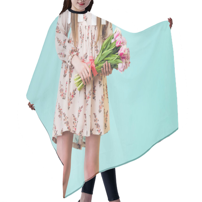 Personality  Cropped View Of Girl In Summer Dress Holding Bouquet Of Flowers, Isolated On Blue Hair Cutting Cape