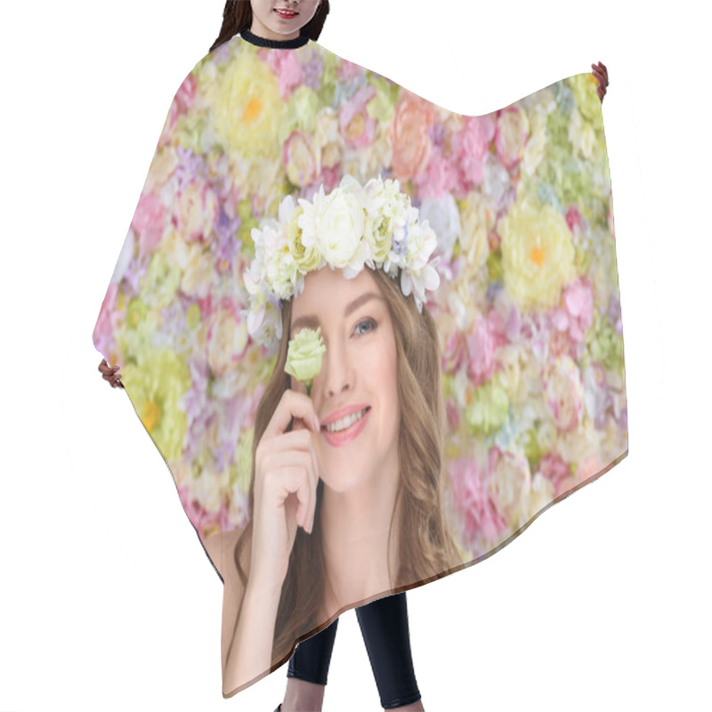 Personality  Happy Young Woman In Floral Wreath Covering One Eye With Blossoming Rose Bud Hair Cutting Cape