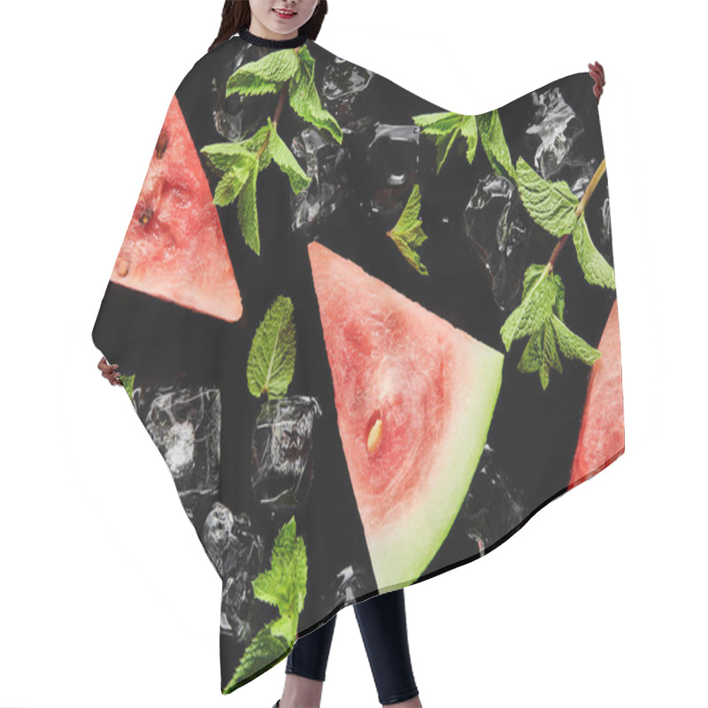 Personality  Top View Of Red Delicious Watermelon Slices With Mint And Ice Isolated On Black Hair Cutting Cape