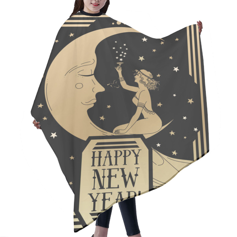 Personality  Card For Happy New Year In Art Deco Style Witn Crescent  And Retro Woman  Drinking Champagne, Vector Illustration Hair Cutting Cape