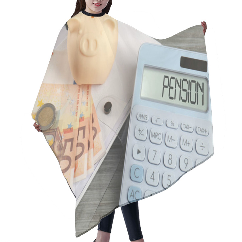 Personality  Calculator, Piggy Bank, Euro Banknotes, Coins And Folder On Wooden Table. Pension Planning Hair Cutting Cape